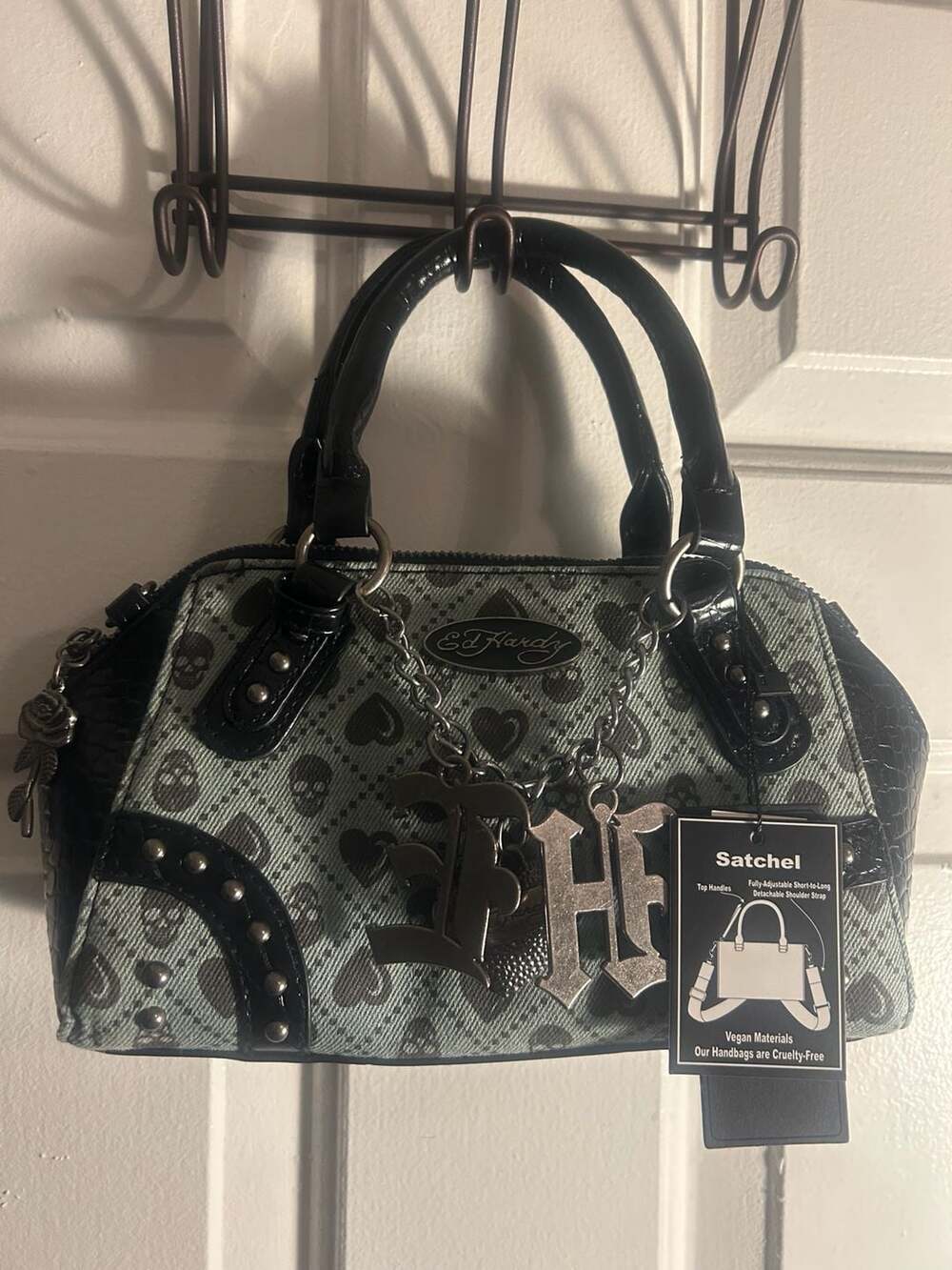 Ed Hardy Skull and Heart Print Satchel Bag with Logo Charms